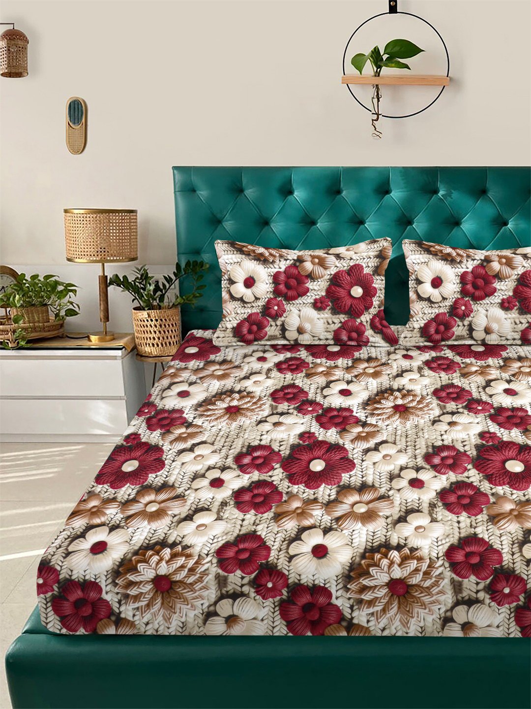Beige Floral 7D King Size Cotton Blend Double Bedsheet with 2 Pillow Covers