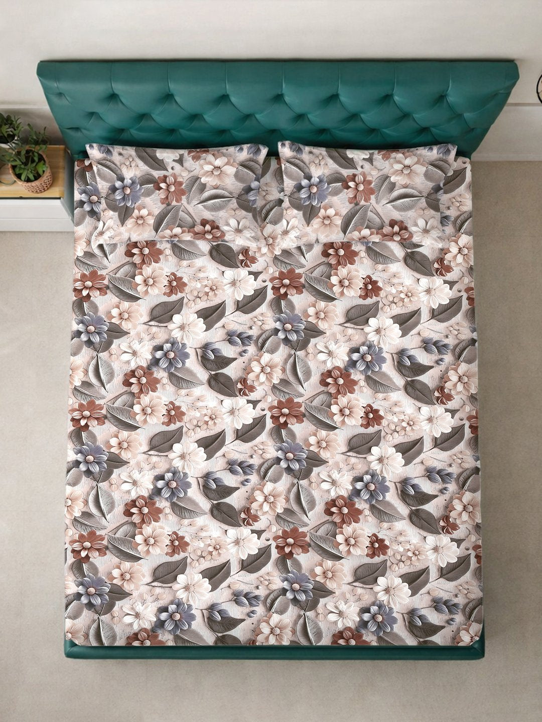 Multi Floral 7D King Size Cotton Blend Fitted Double Bedsheet with 2 Pillow Covers
