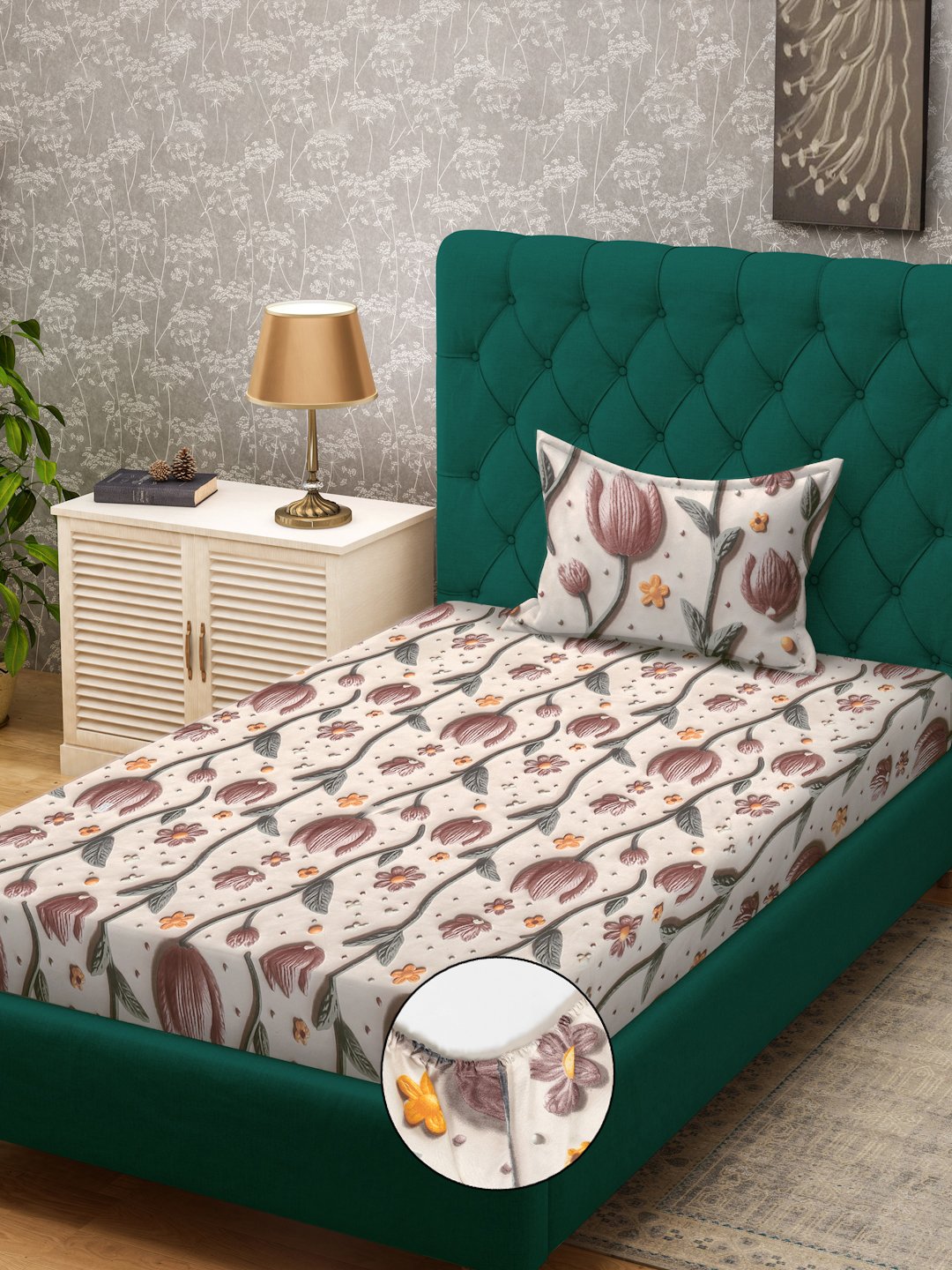 Cream Floral 7D Cotton Blend Fitted Single Bedsheet with Pillow Cover