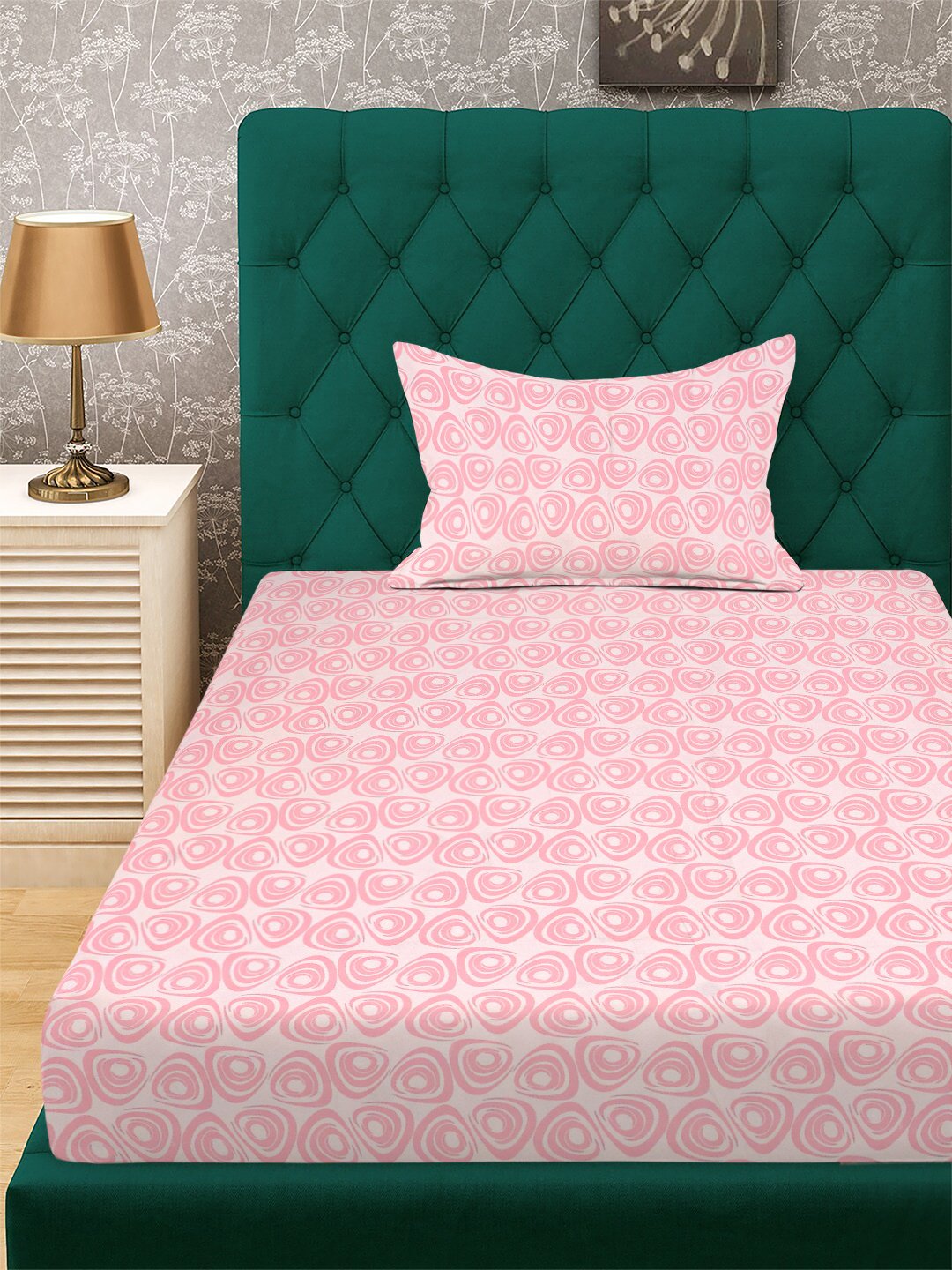 Pink Abstract 300 TC Cotton Blend Fitted Single Bedsheet with Pillow Cover