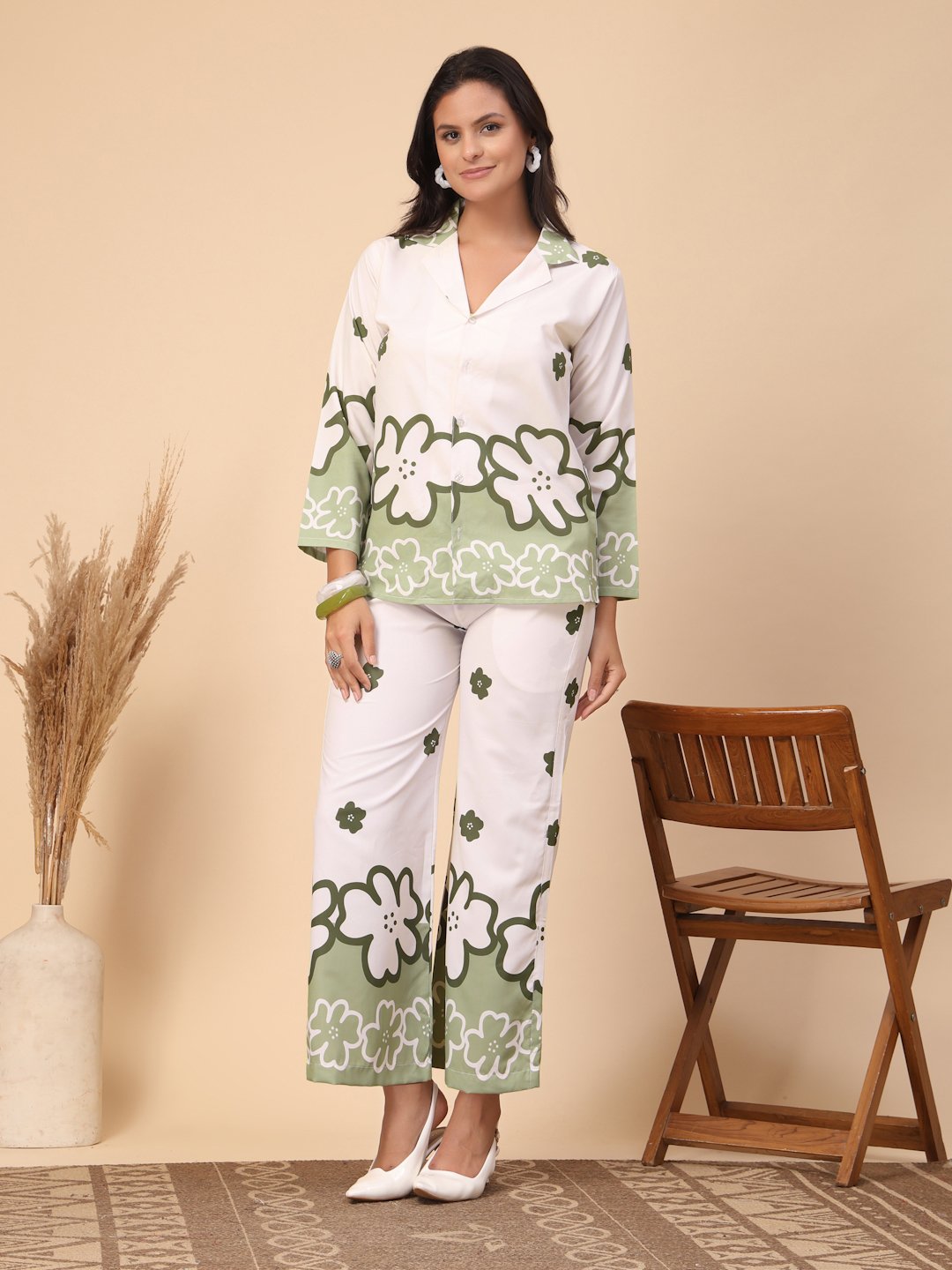 Cream Cotton Printed Shirt With Trousers Co-Ords Set