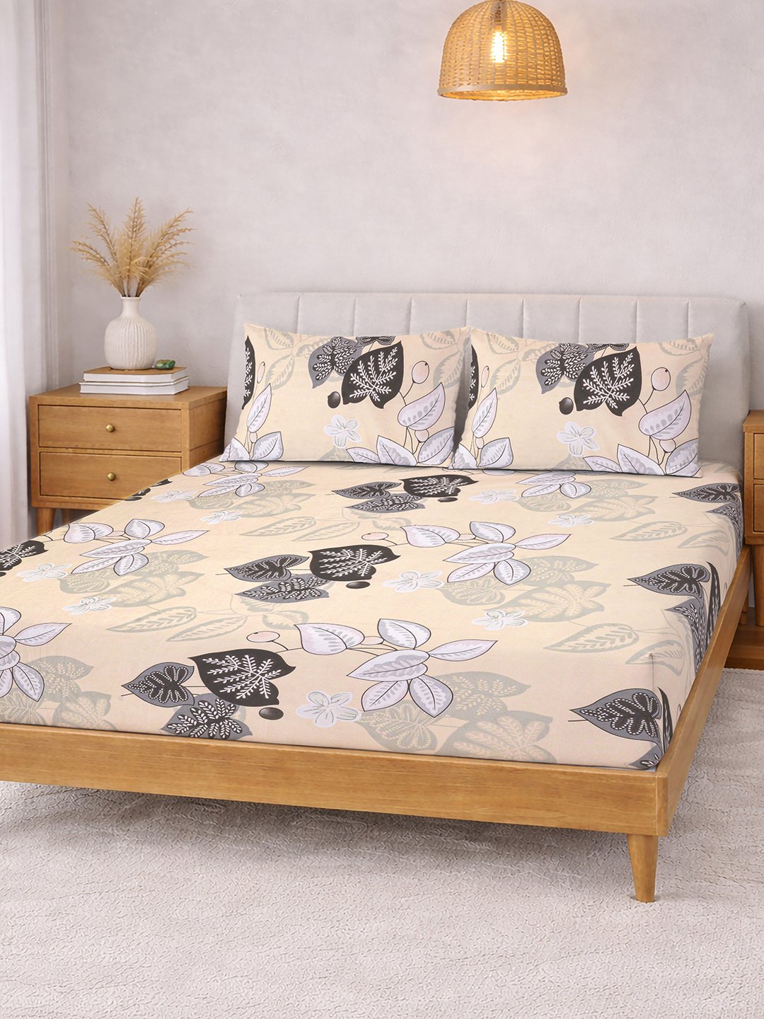 Beige Floral Fitted Fitted Cotton Blend Double Bedsheet with 2 Pillow Covers