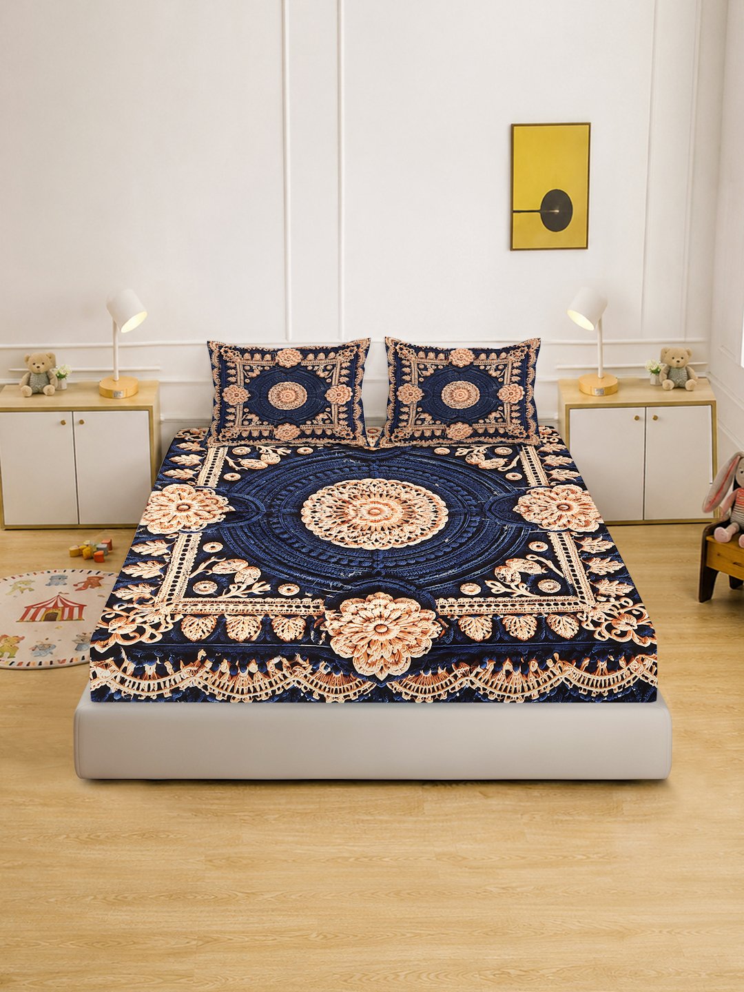 Digital Printed Blue Floral Cotton Blend Double Bedsheet with 2 Pillow Covers