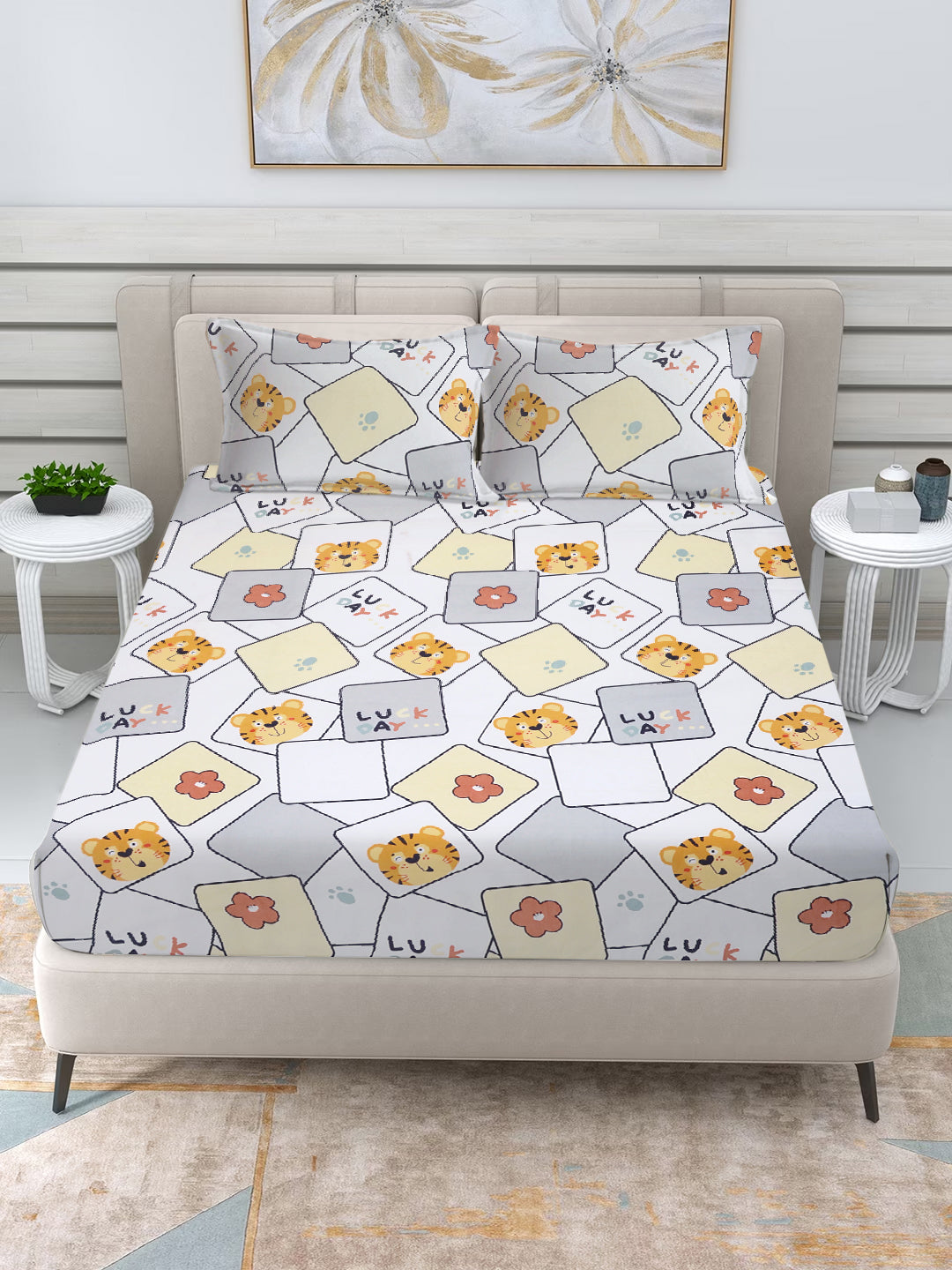 Klotthe White Cartoon Characters 300 TC Cotton Blend Fitted Double Bedsheet with 2 Pillow Covers