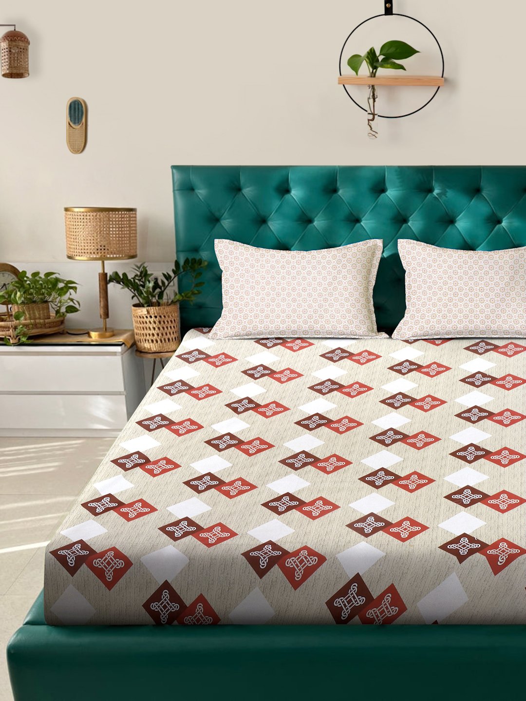 Beige Geometric 400 TC Pure Cotton Double Bedsheet with 2 Pillow Covers