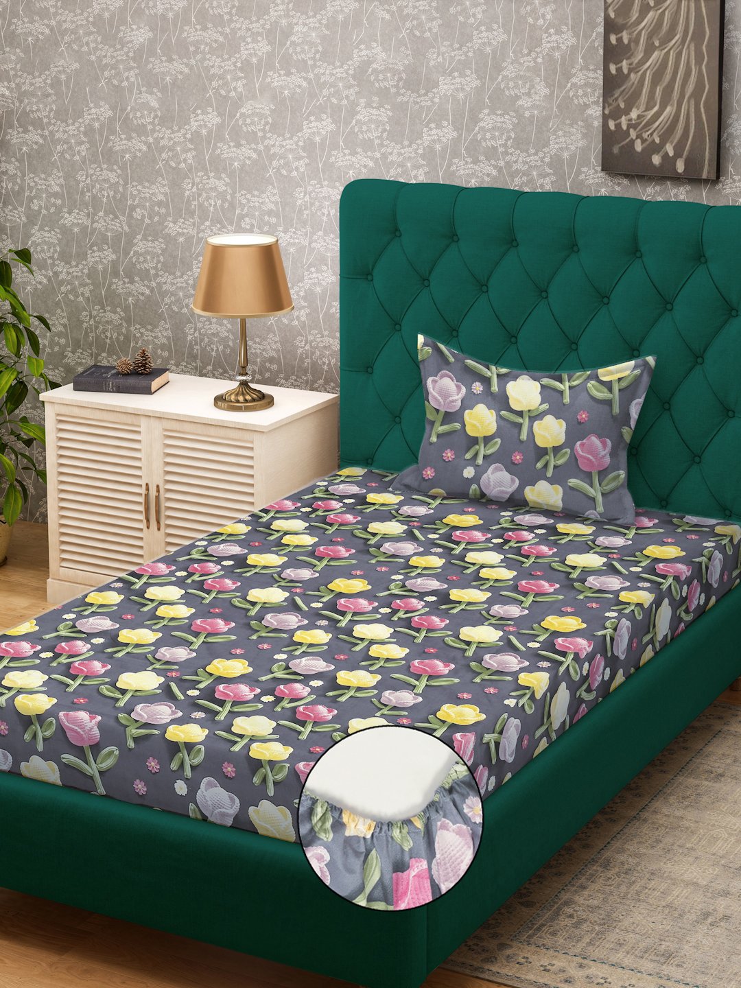 Grey Floral 7D Cotton Blend Fitted Single Bedsheet with Pillow Cover