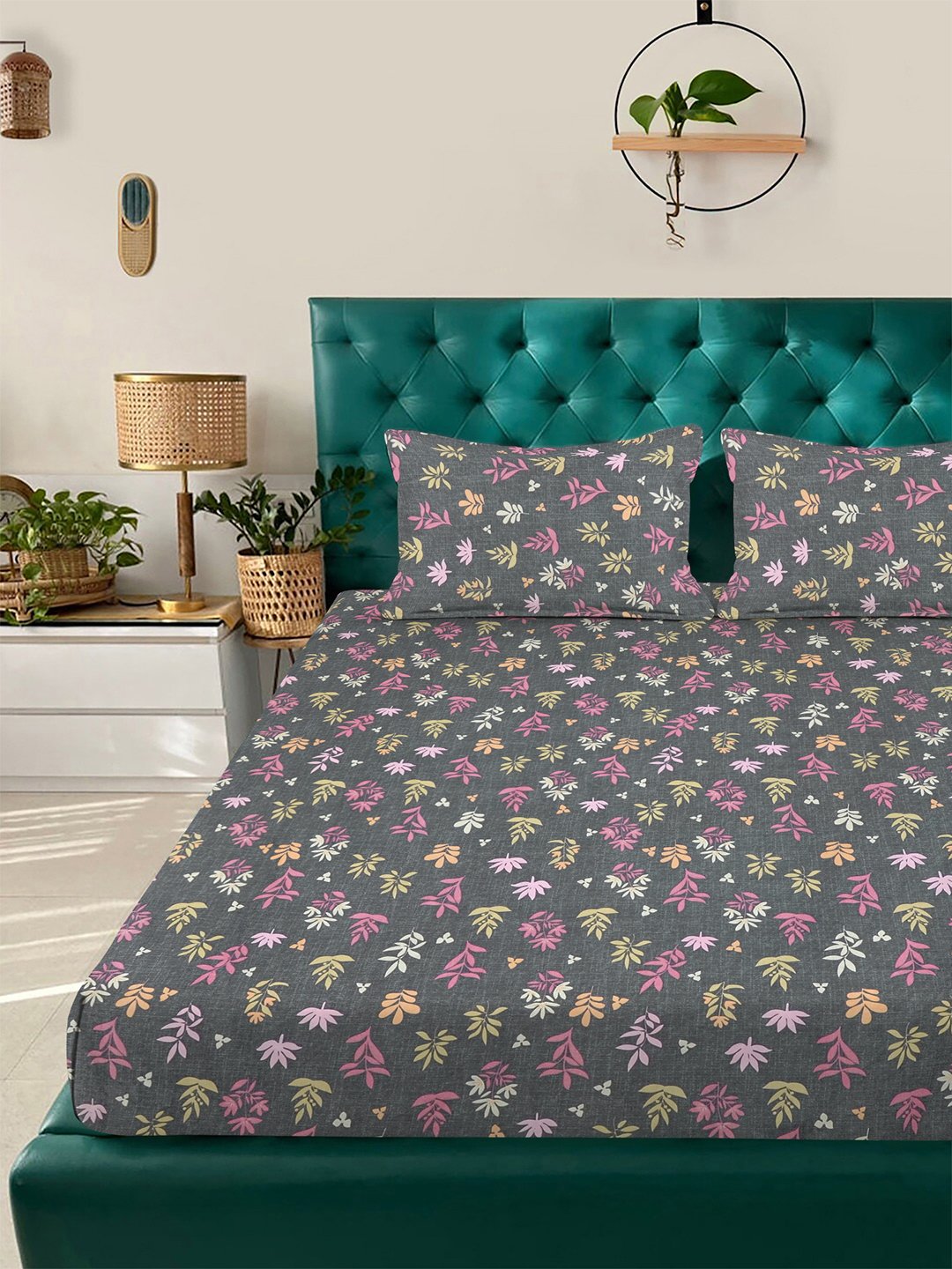 Grey Floral 300 TC Cotton Blend Double Bedsheet with 2 Pillow Covers