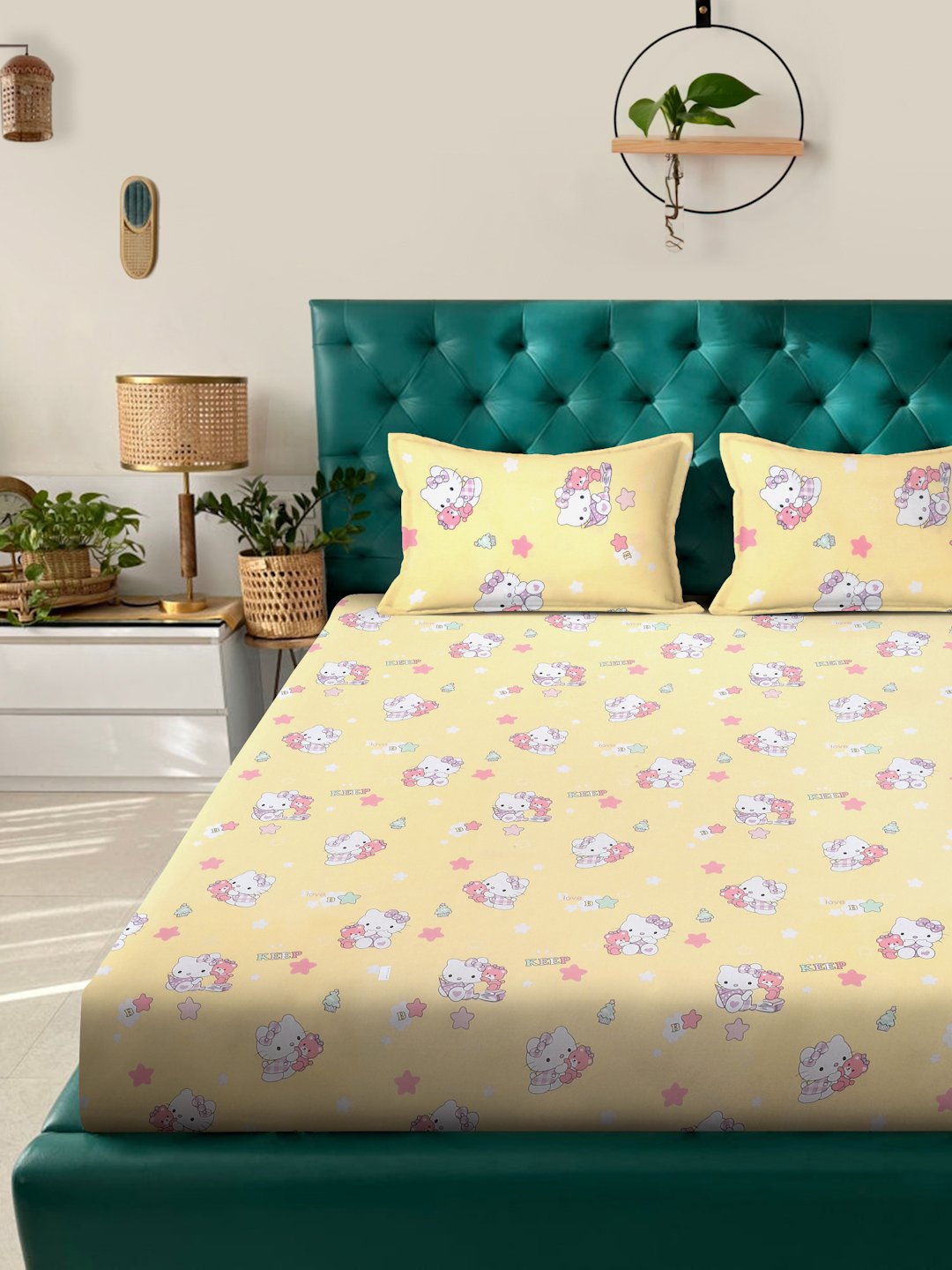 Yellow Cartoon Characters 400 TC Pure Cotton Double Bedsheet with 2 Pillow Covers