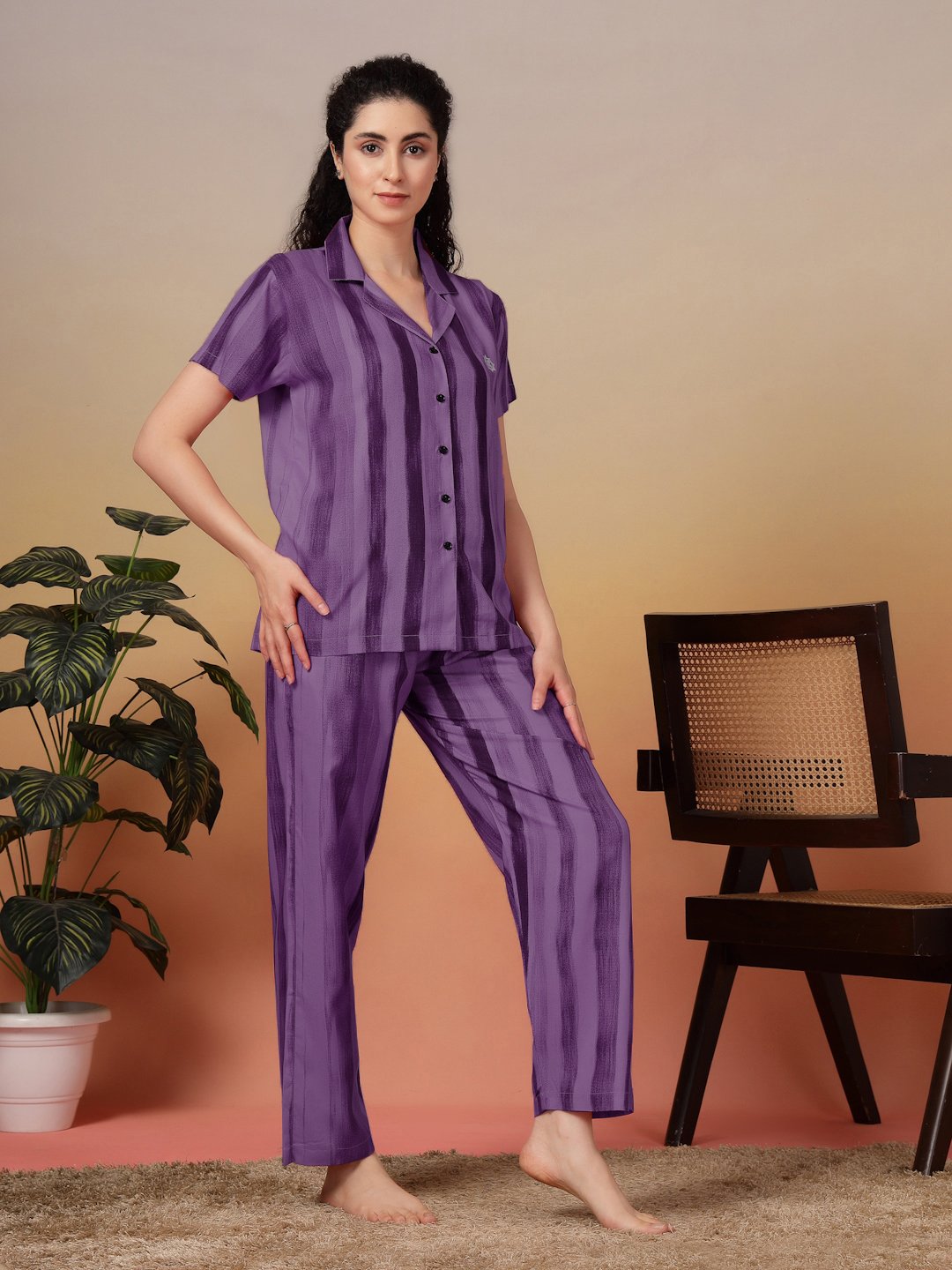 Women Purple Striped Pure Cotton Night Suit