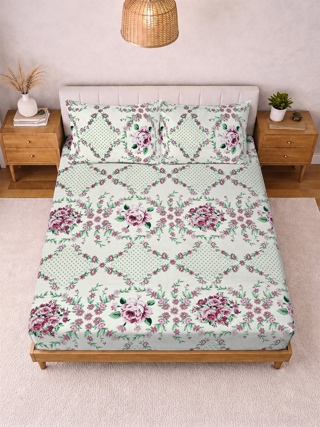 Cream Floral Cotton Blend Double Bedsheet with 2 Pillow Covers