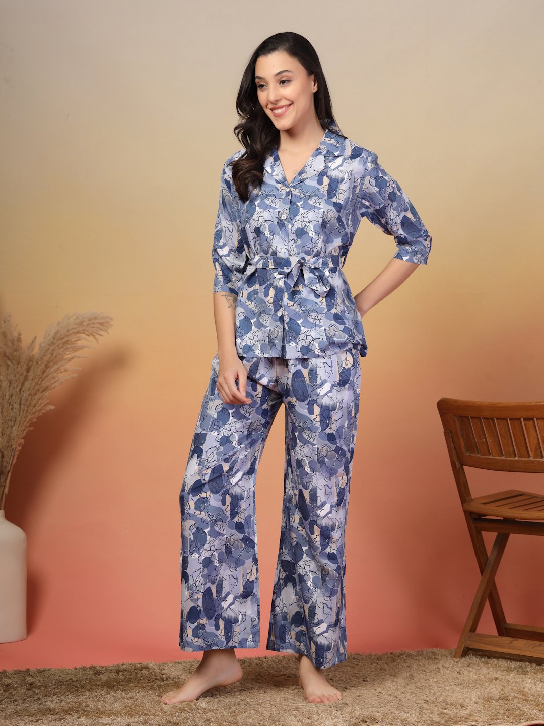 Women Blue Floral Cotton Blend Night Suit with Robe