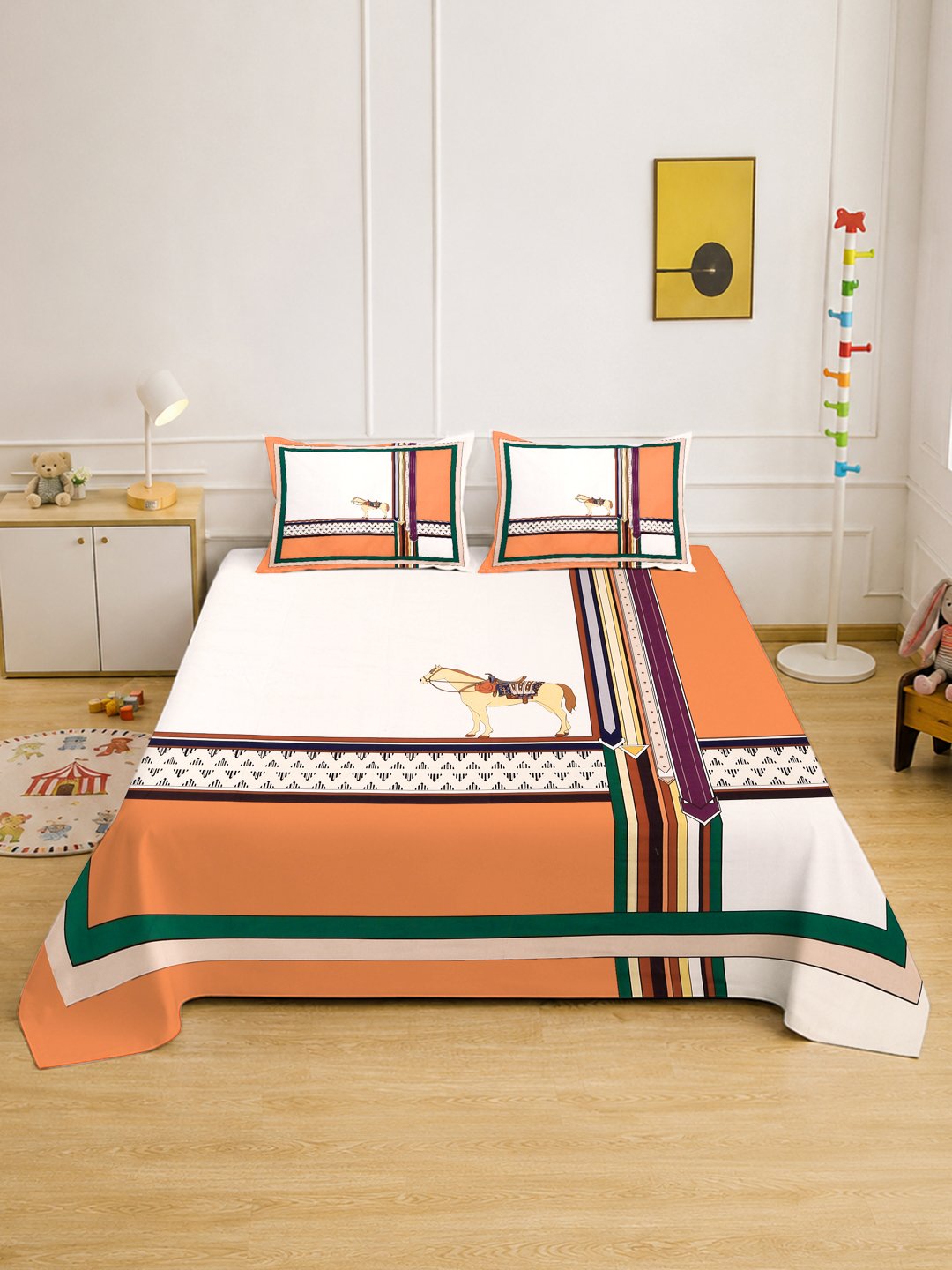 Digital Orange Geometric Cotton Blend Double Bedsheet with 2 Pillow Covers