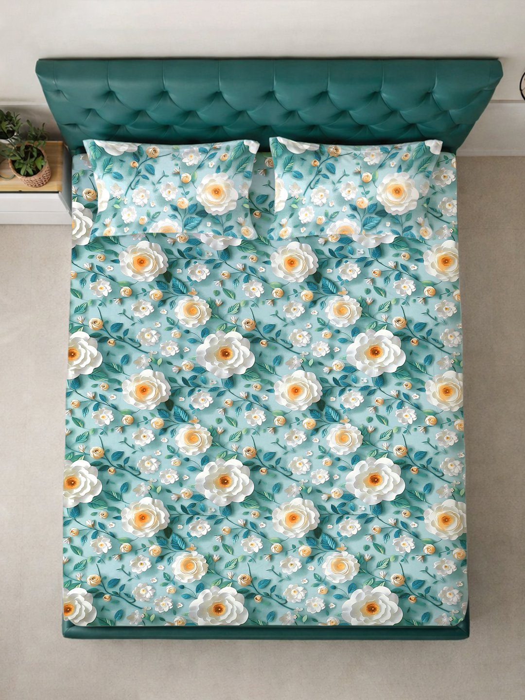 Turquoise Floral 7D King Size Cotton Blend Fitted Double Bedsheet with 2 Pillow Covers