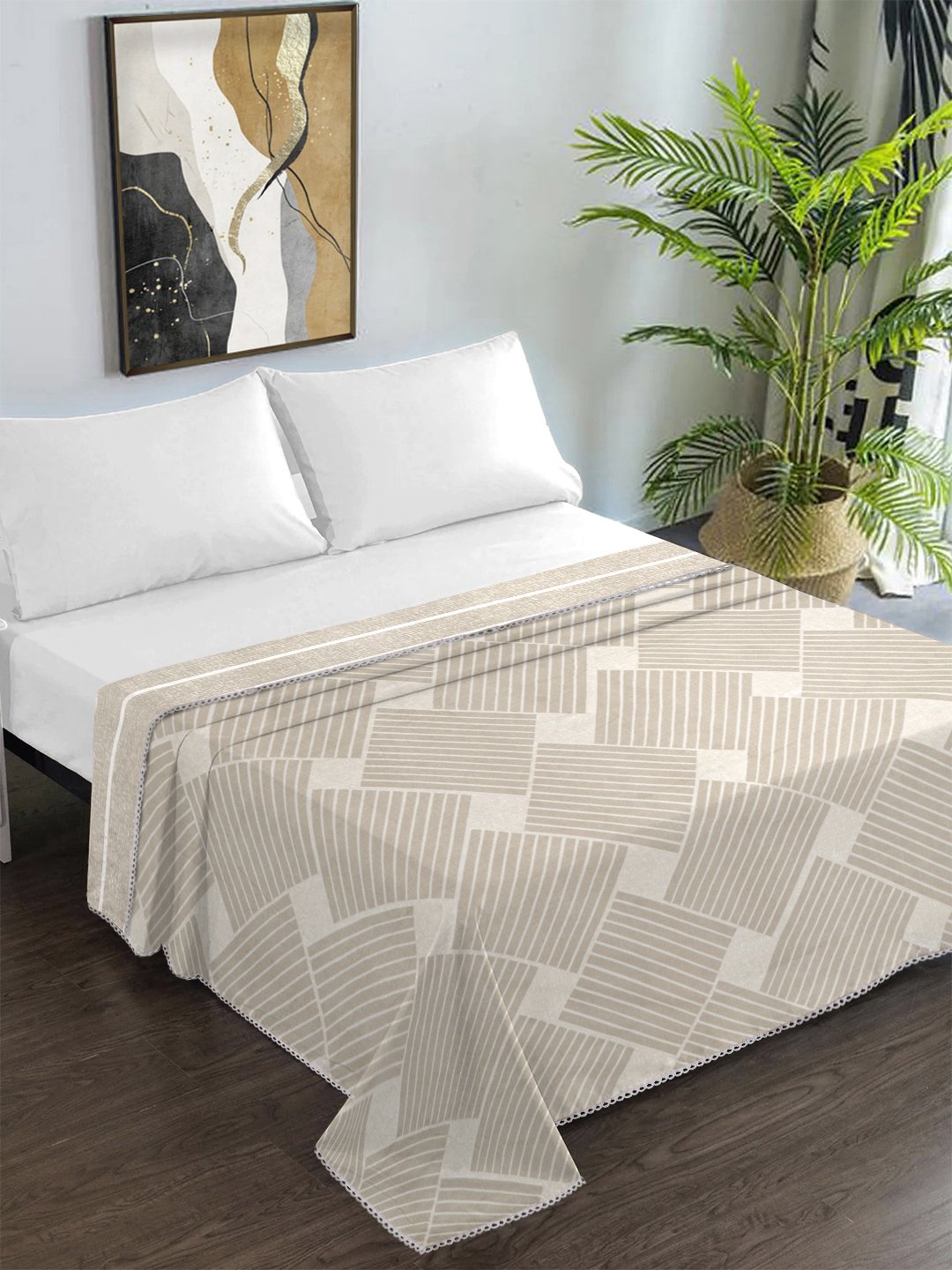 Beige Cotton Blend Geometric Double Bed Dohar