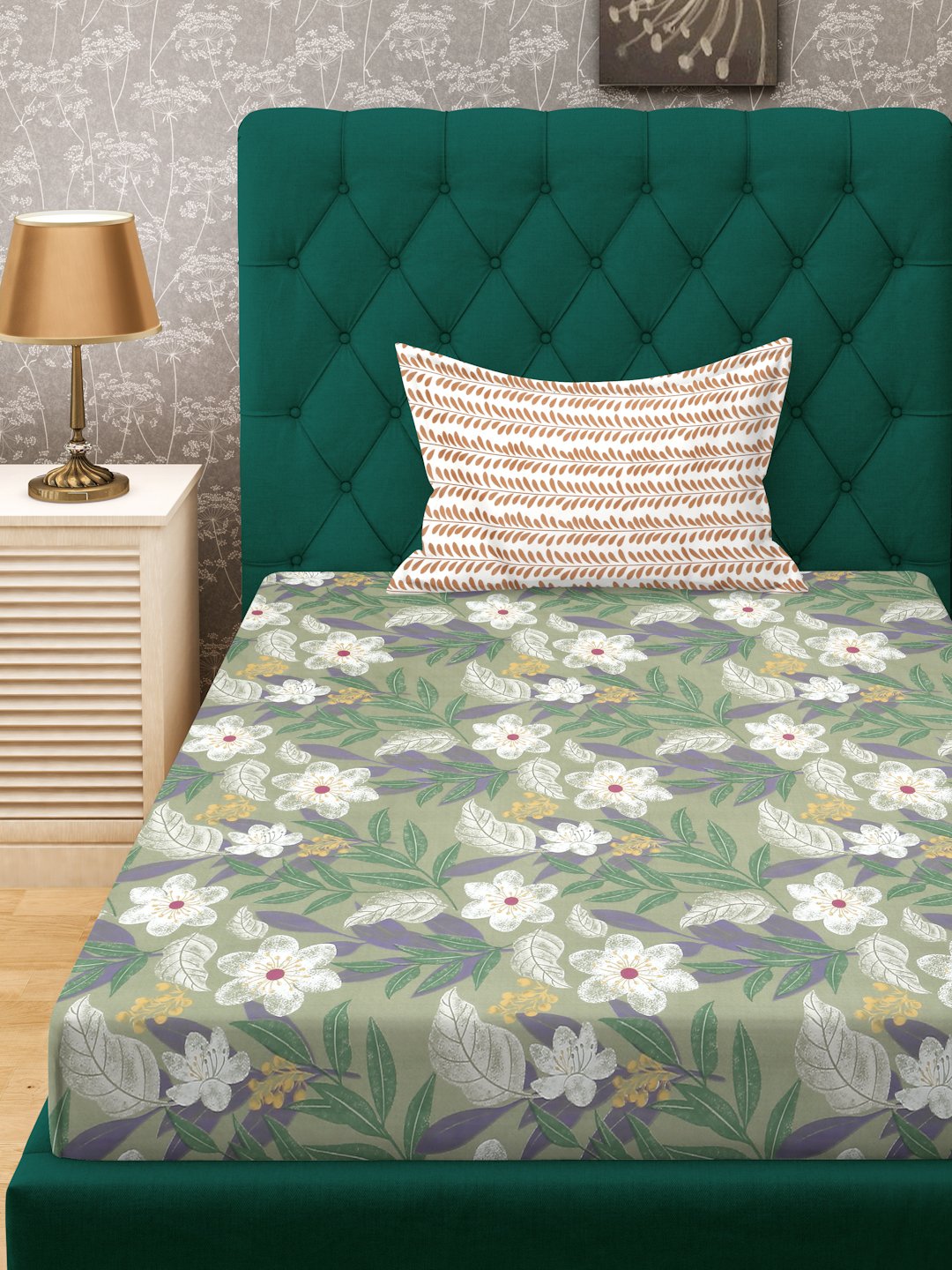 Green Floral 300 TC Cotton Blend Fitted Single Bedsheet with Pillow Cover