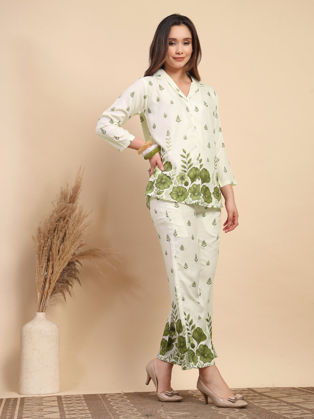 Cream Cotton Printed Shirt With Trousers Co-Ords Set