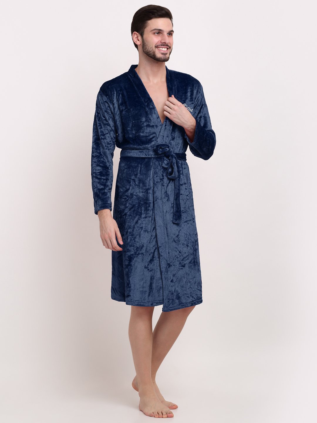 Men Blue Solid Wool Bath Robe With Belt