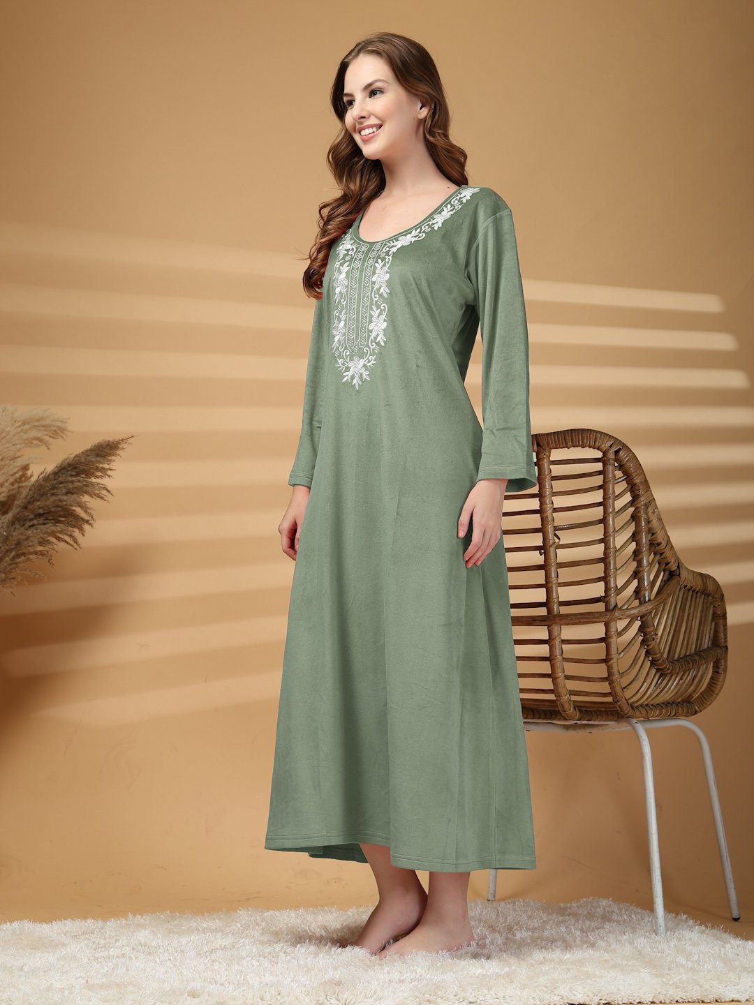 Klotthe Olive Solid Soft touch Velvet Maxi Nightdress