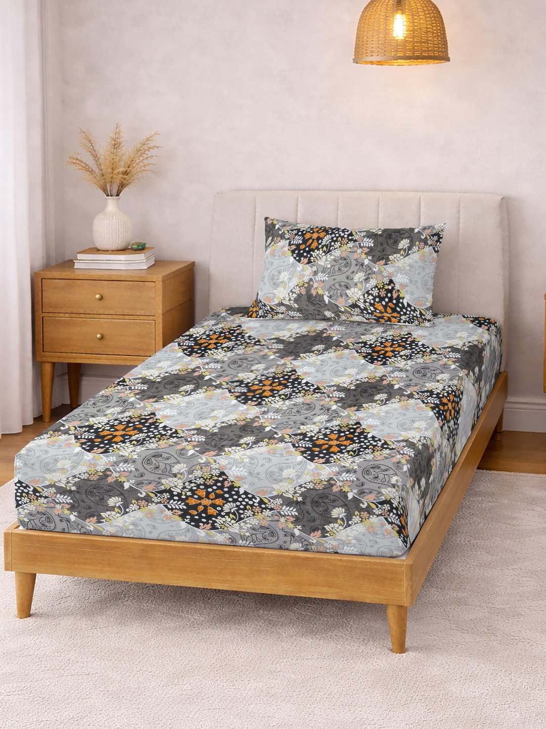 Grey Floral Cotton Blend Fitted Single Bedsheet with Pillow Cover