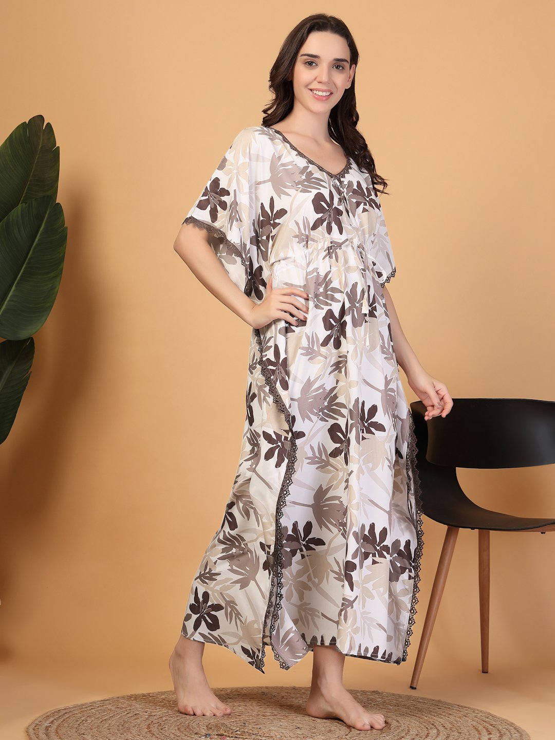 Brown Floral Cotton Blend Kaftan Maxi Nightdress
