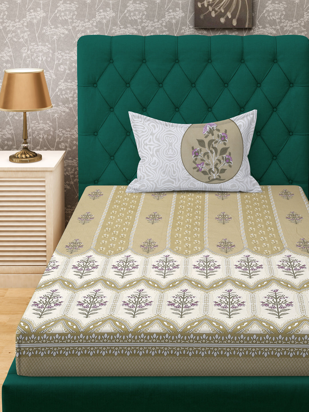Klotthe Olive Floral 400 TC Pure Cotton Single Bedsheet with Pillow Cover
