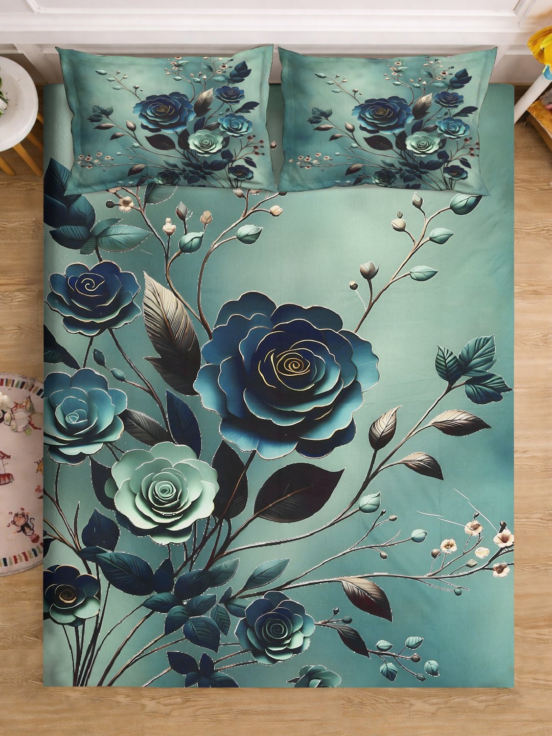 Green Digital Floral Printed Cotton Blend Fitted Double Bedsheet with 2 Pillow Covers