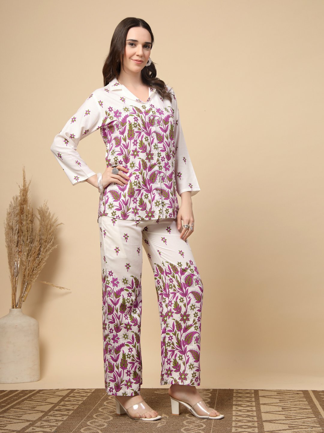 Cream Cotton Printed Shirt With Trousers Co-Ords Set
