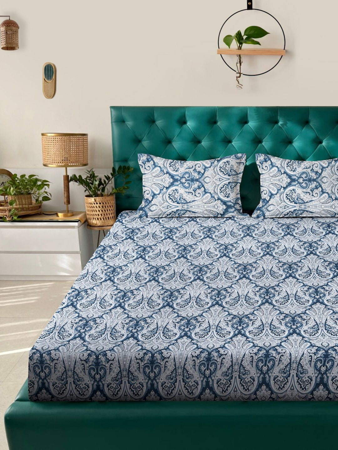 Blue Floral 400 TC Pure Cotton Fitted Double Bedsheet with 2 Pillow Covers