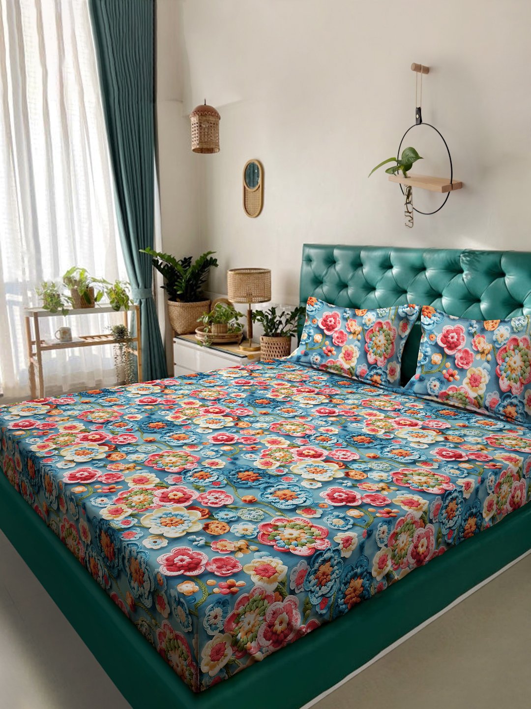 Blue Floral 7D King Size Cotton Blend Double Bedsheet with 2 Pillow Covers