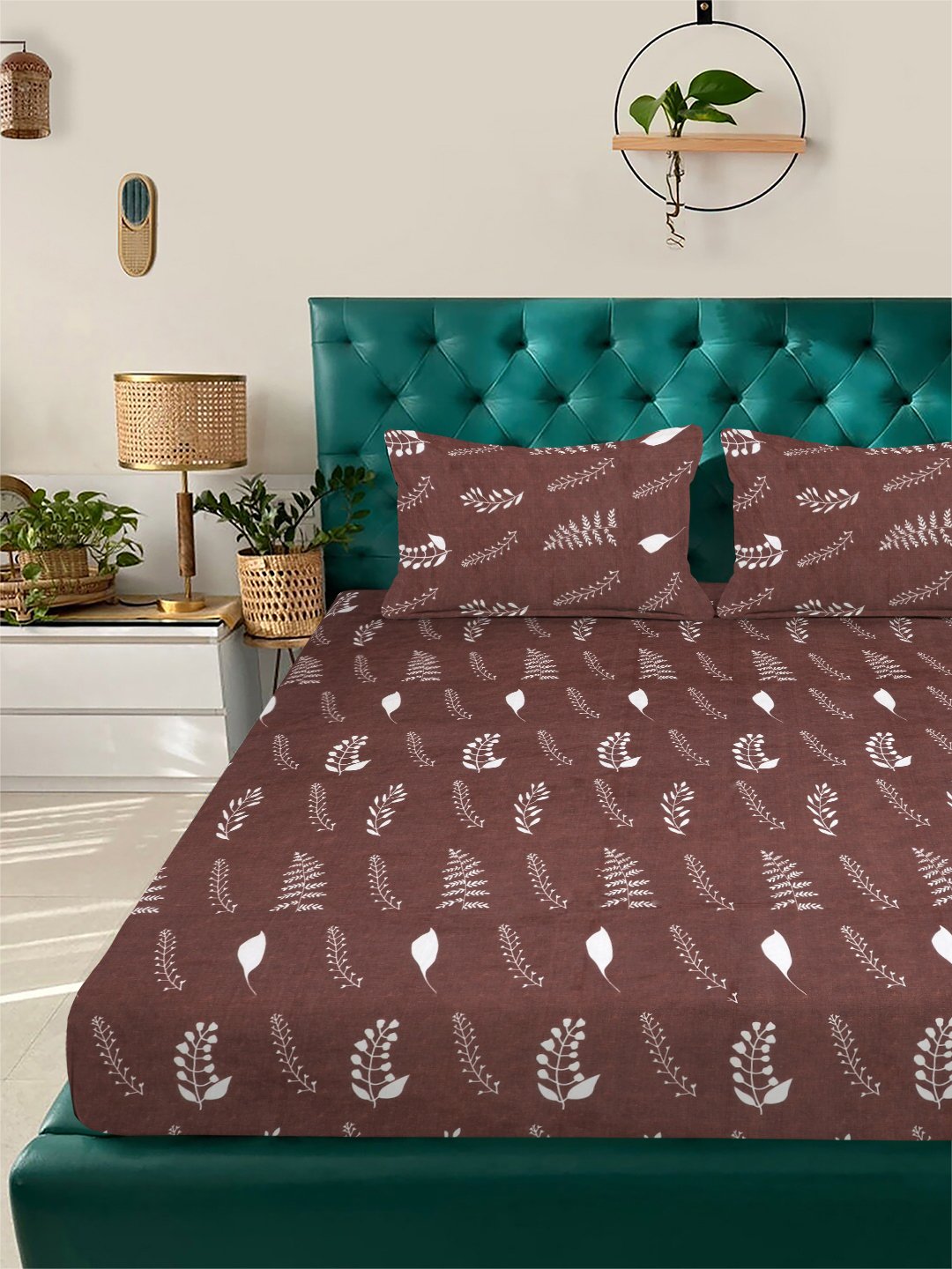Brown Floral 300 TC Cotton Blend Fitted Double Bedsheet with 2 Pillow Covers