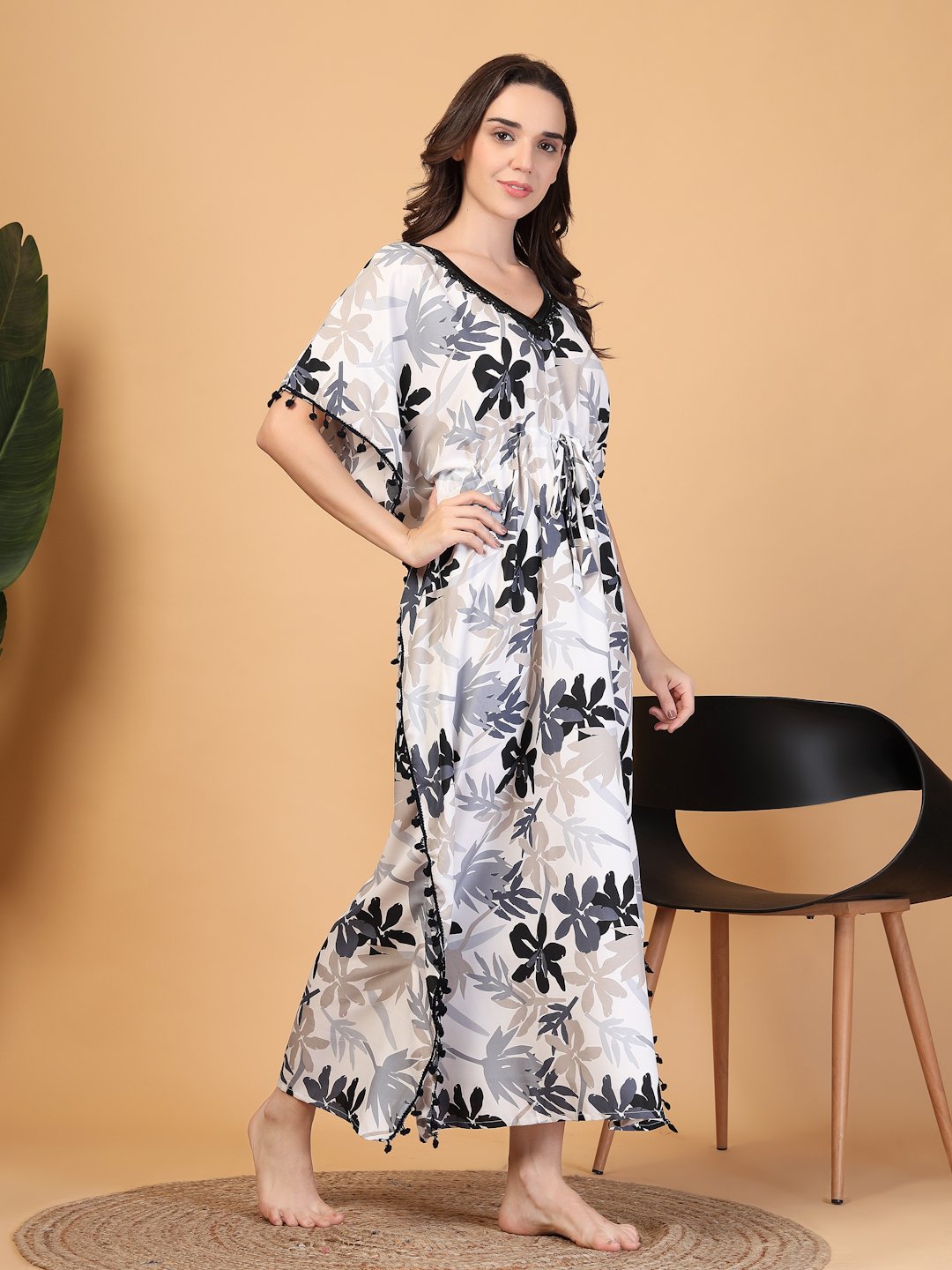Grey Floral Cotton Blend Kaftan Maxi Nightdress
