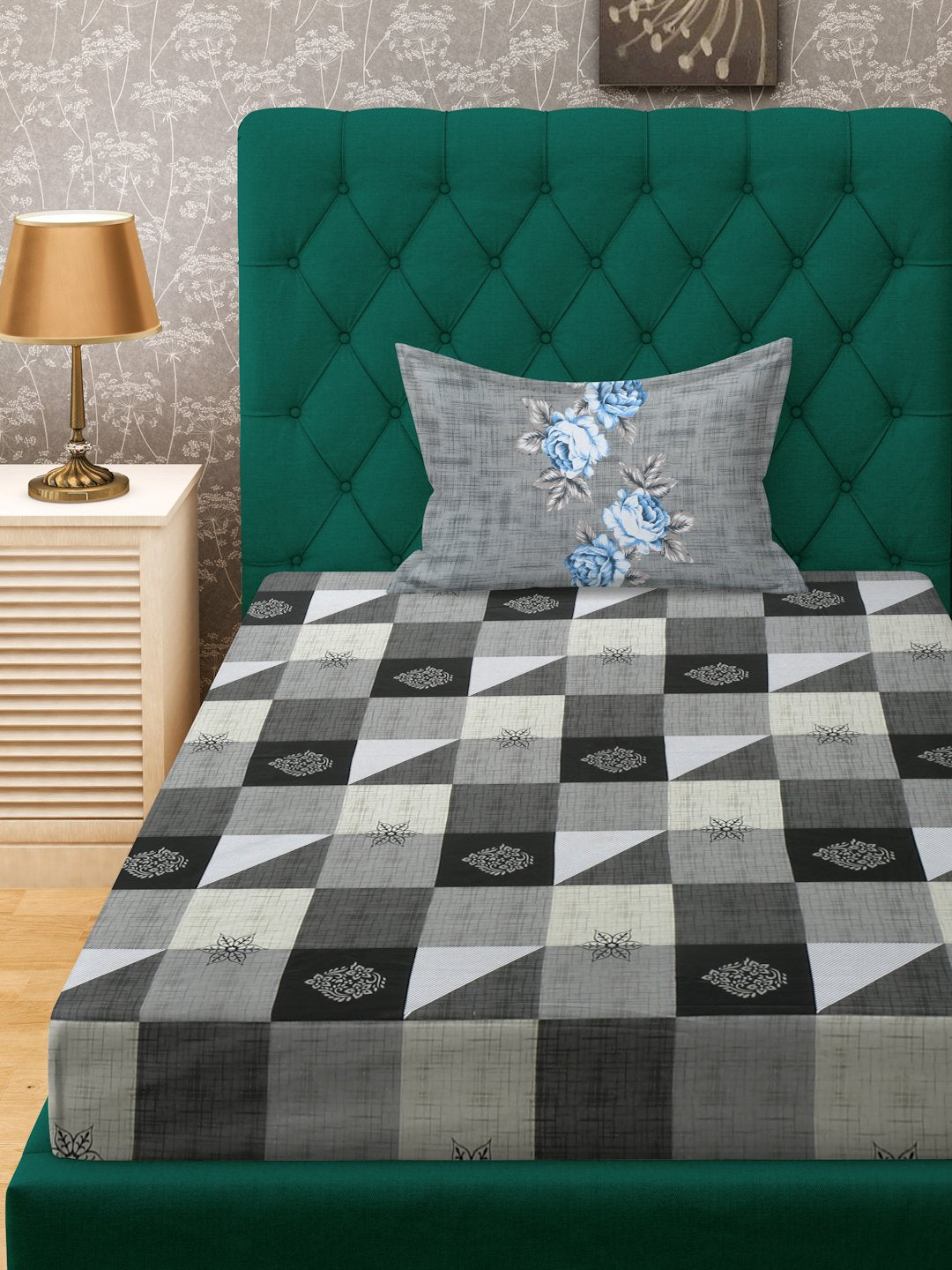 Grey Geometric 400 TC Pure Cotton Single Bedsheet with Pillow Cover