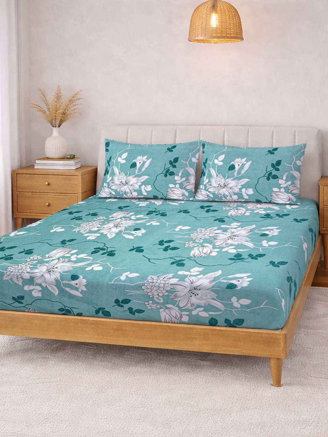 Green Floral Cotton Blend Fitted Double Bedsheet with 2 Pillow Covers