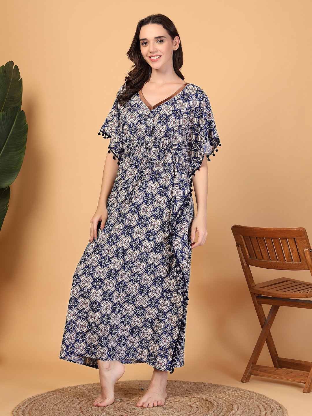 Blue Floral Cotton Blend Kaftan Maxi Nightdress