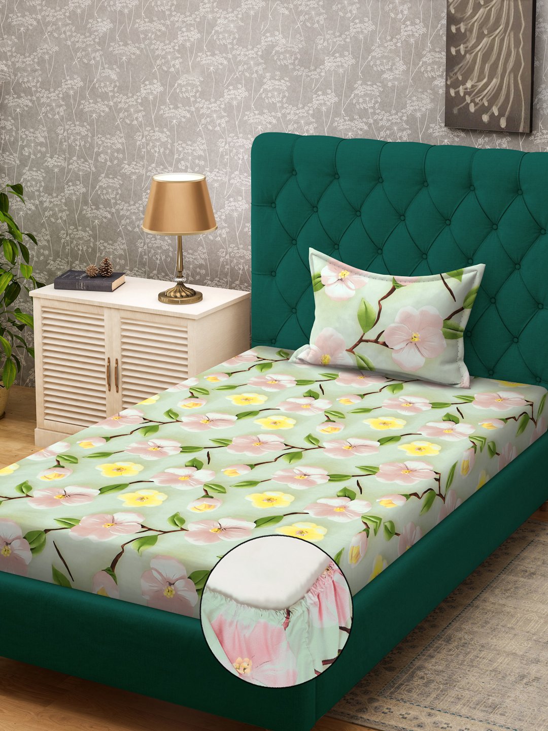 Green Floral 7D Cotton Blend Fitted Single Bedsheet with Pillow Cover