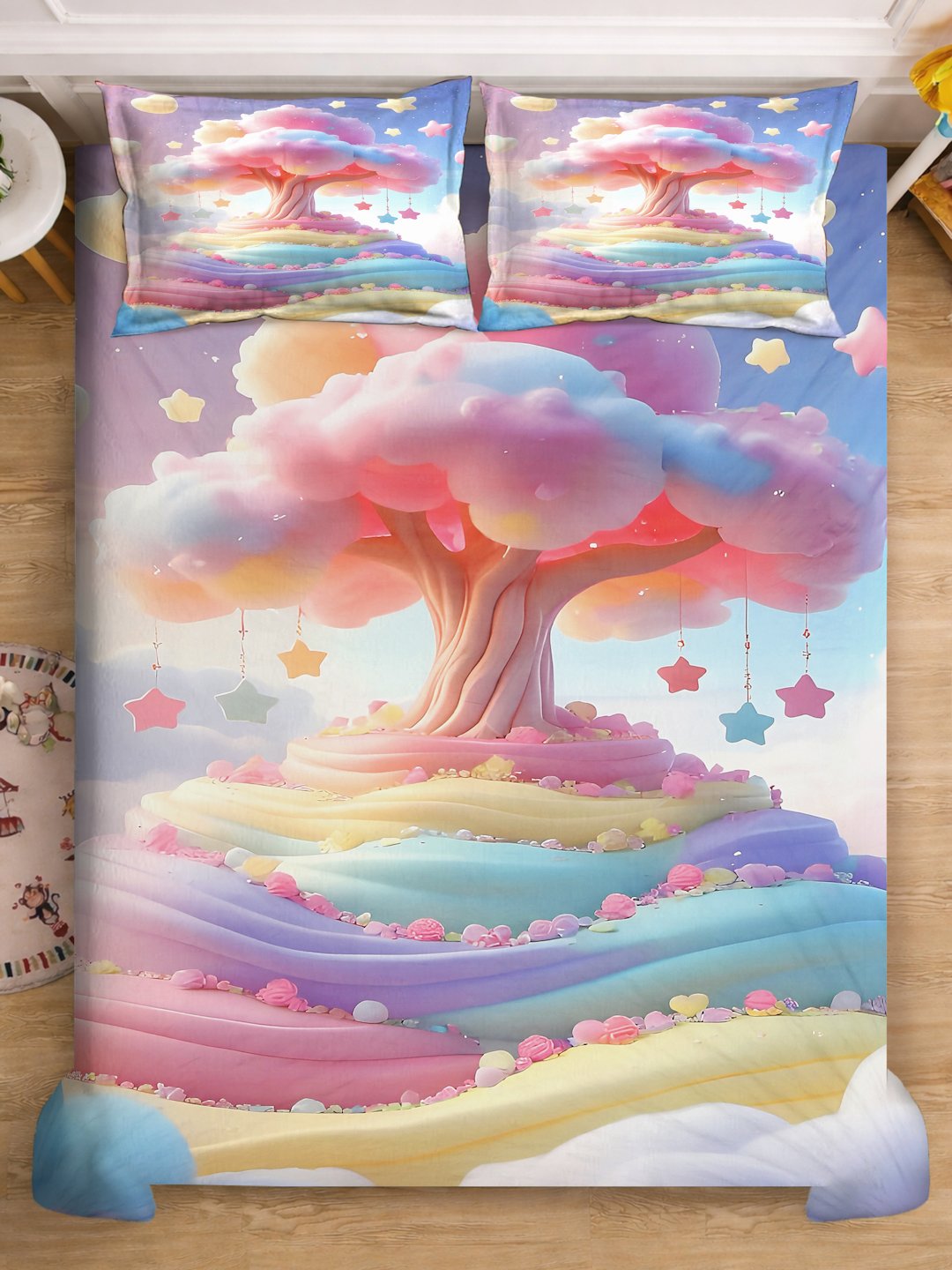 Multi 7D Floral Printed Cotton Blend Double Bedsheet with 2 Pillow Covers