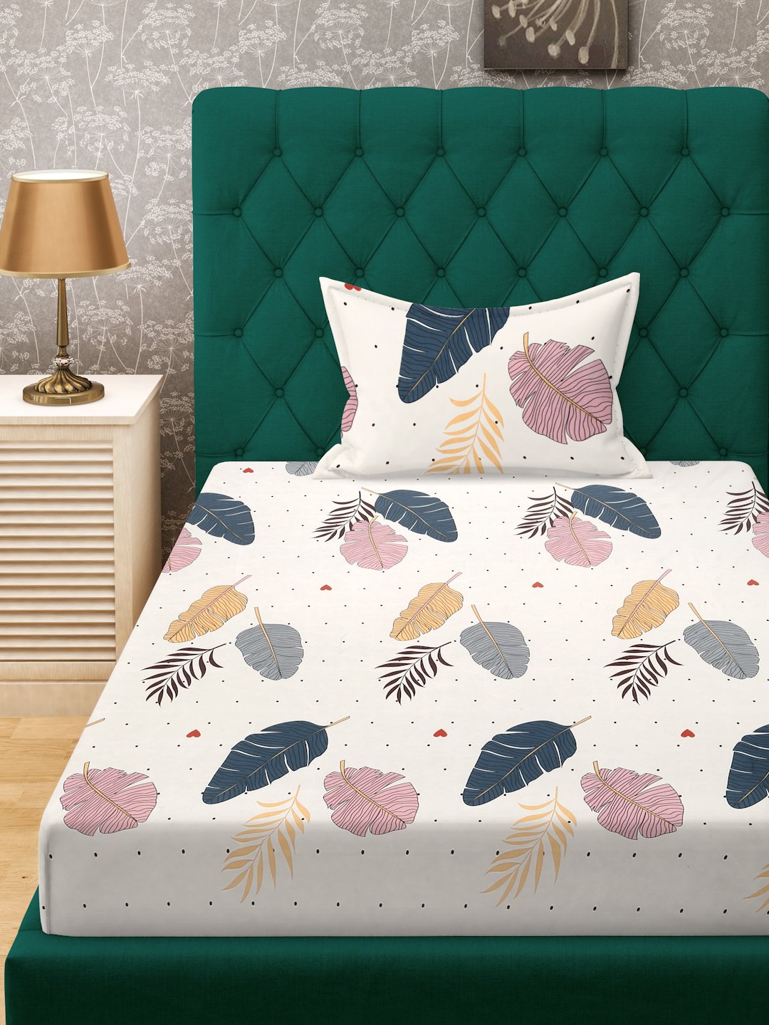 Cream Floral 300 TC Cotton Blend Fitted Single Bedsheet with Pillow Cover