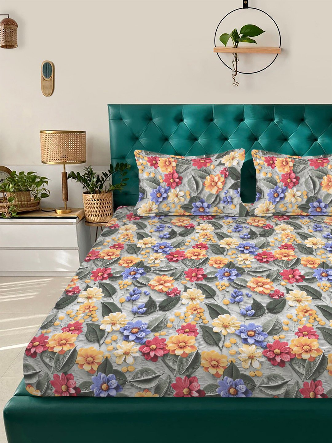 Green Floral 7D King Size Cotton Blend Fitted Double Bedsheet with 2 Pillow Covers