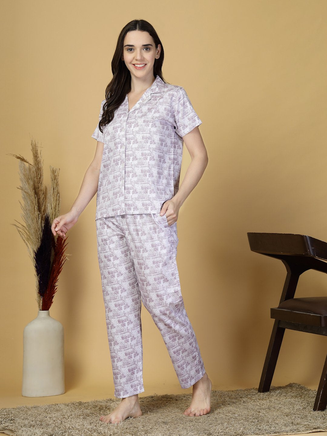 Women Purple Abstract Pure Cotton Night Suit