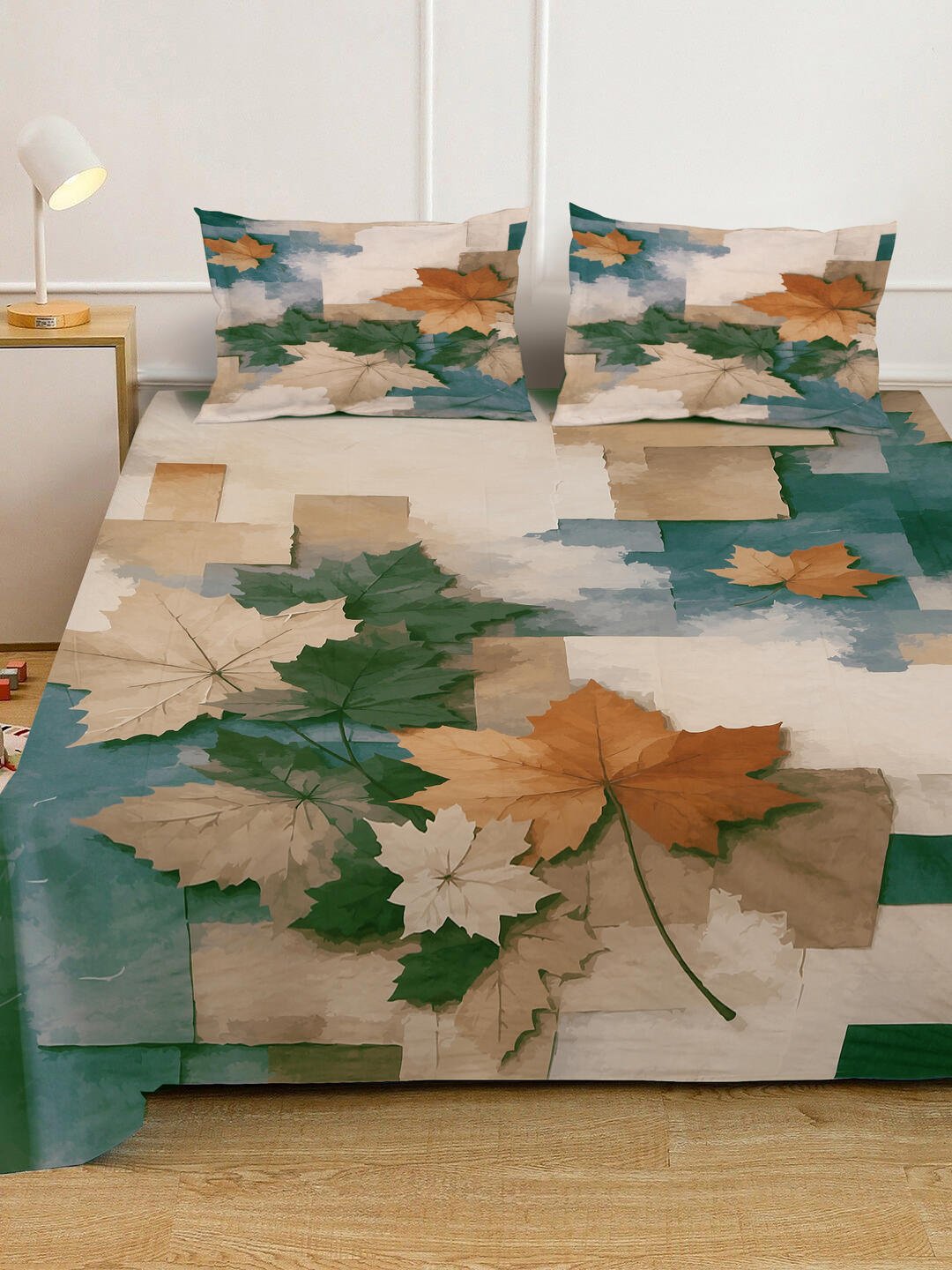 Beige Digital Geometric Printed Fitted Cotton Blend Double Bedsheet with 2 Pillow Covers