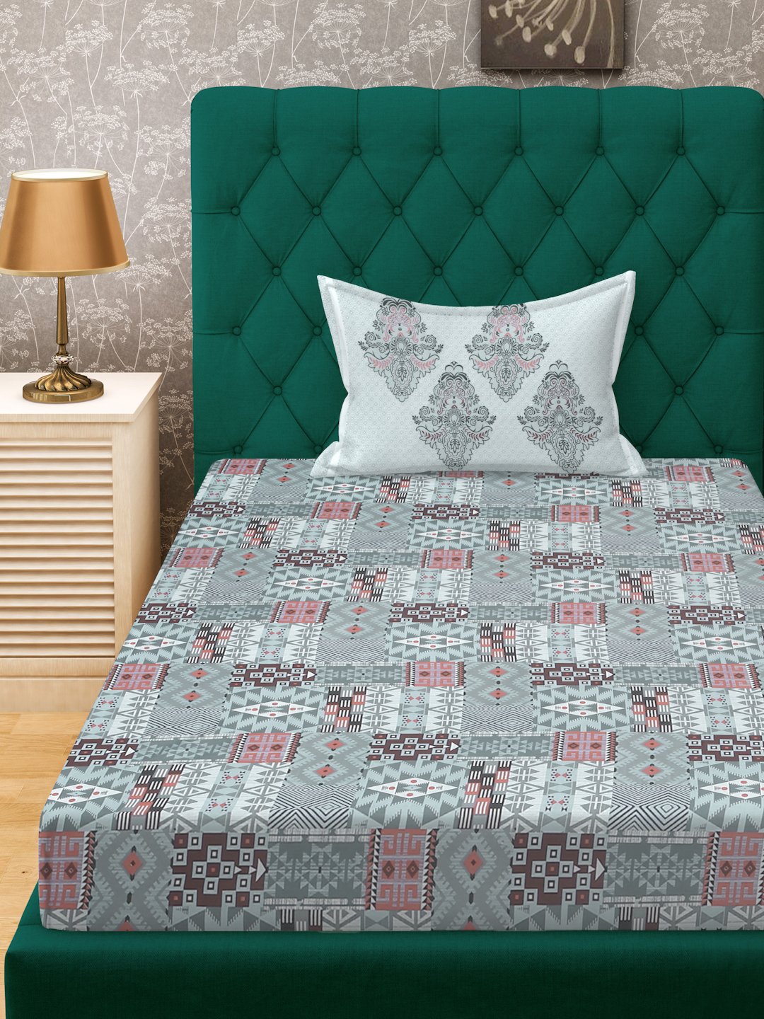 Grey Geometric 400 TC Pure Cotton Fitted Single Bedsheet with Pillow Cover