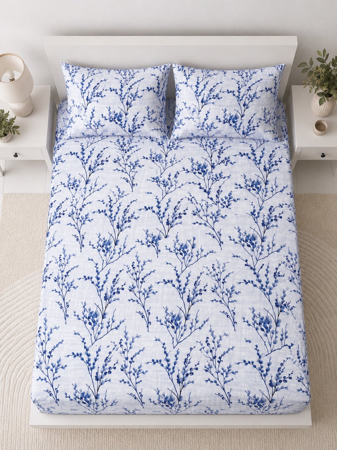 Blue Floral Cotton Blend Fitted Double Bedsheet with 2 Pillow Covers