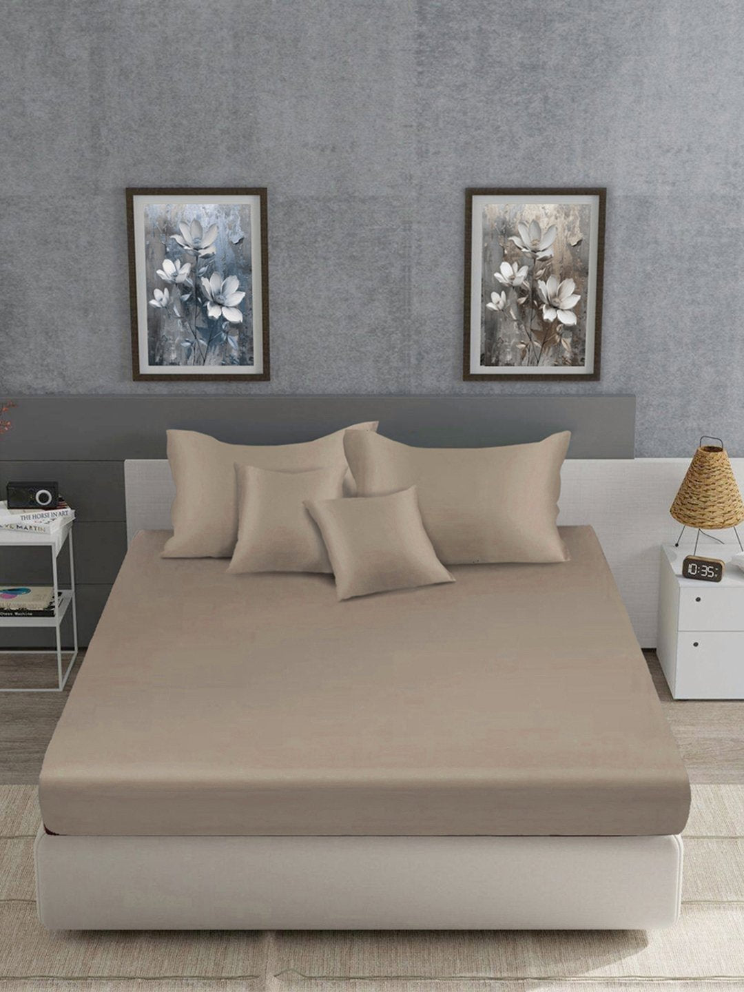 Beige Solid 400 TC Satin Fitted Super King Double Bedsheet with 2 Pillow Covers & 2 Cushion Covers