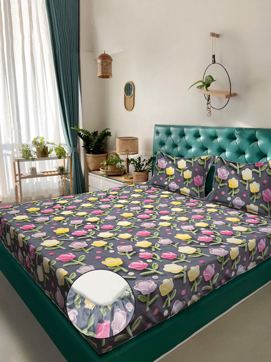 Grey Floral 7D King Size Cotton Blend Fitted Double Bedsheet with 2 Pillow Covers