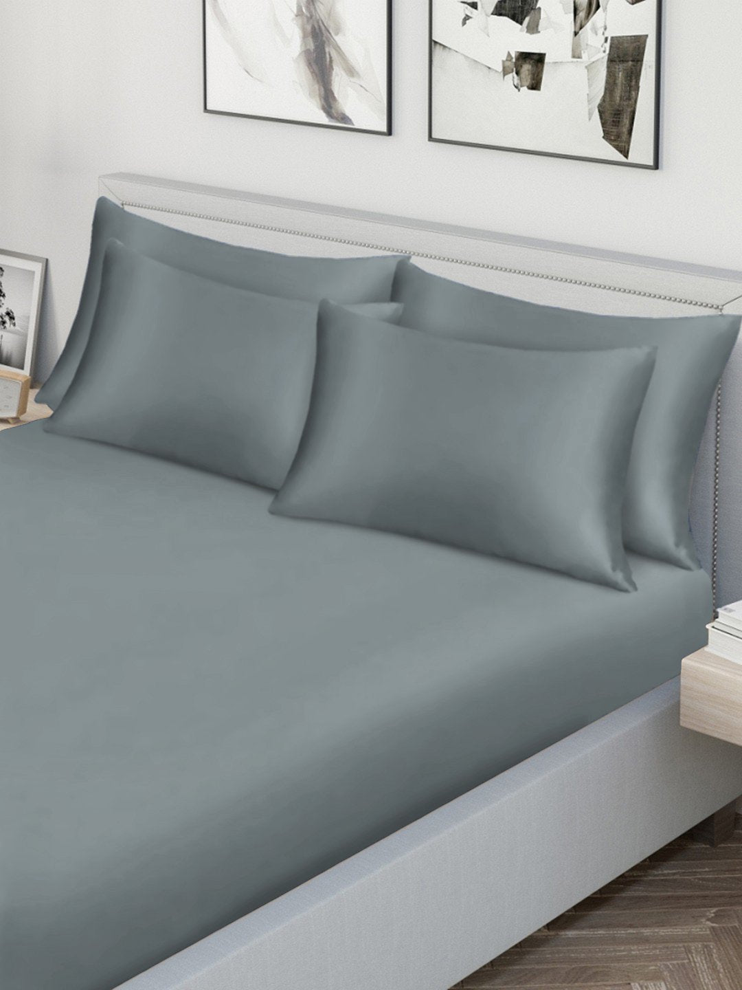 Grey Solid 300 TC Cotton Blend Fitted Double Bedsheet with 4 Pillow Covers