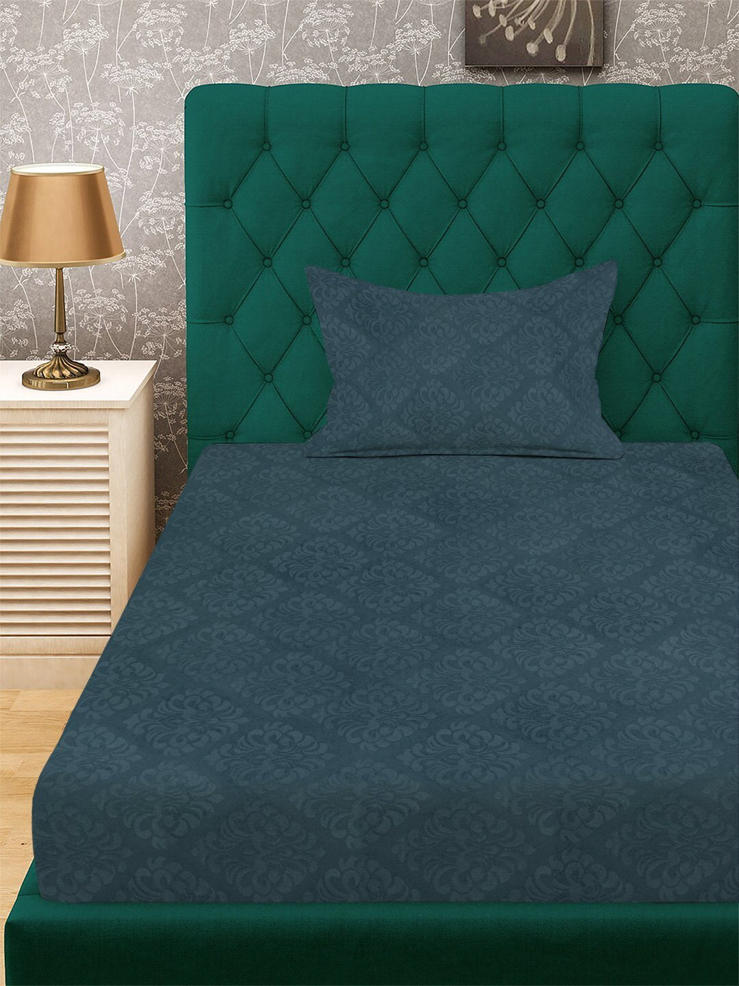 Blue Floral Embossed Cotton Blend Single Bedsheet with Pillow Cover