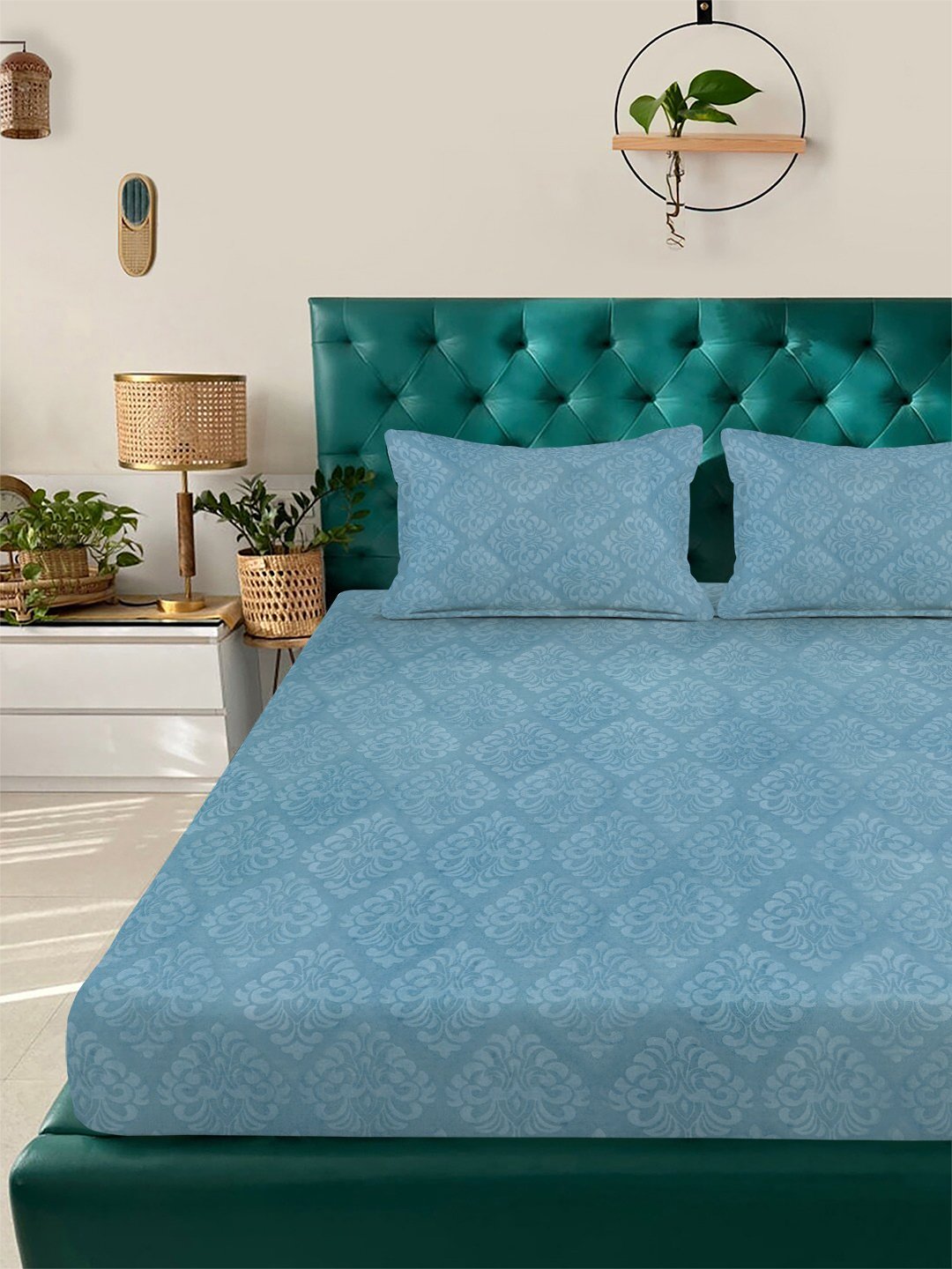 Turquoise Floral Embossed Cotton Blend Fitted Double Bedsheet with 2 Pillow Covers