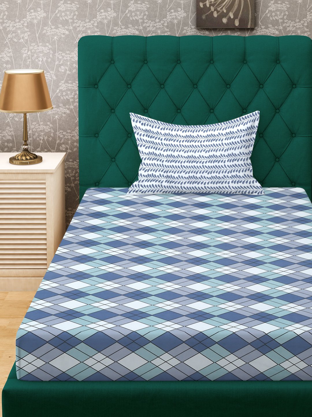 Multi Geometric 300 TC Cotton Blend Fitted Single Bedsheet Set in Book Fold Packing
