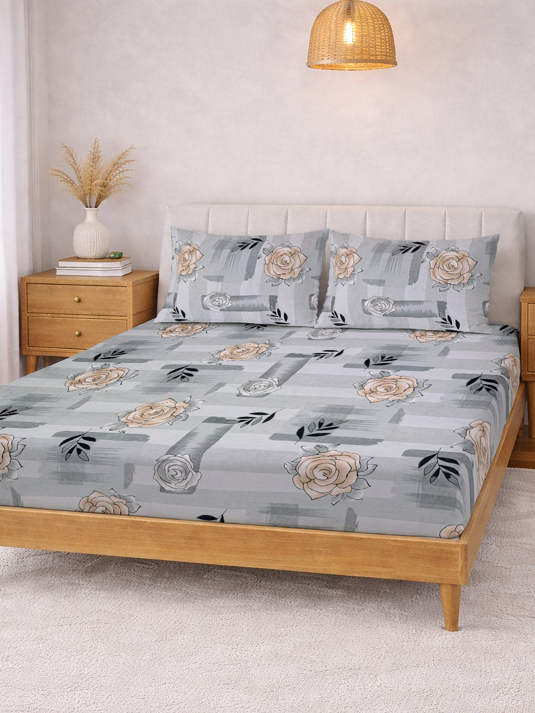 Grey Floral Cotton Blend Fitted Double Bedsheet with 2 Pillow Covers
