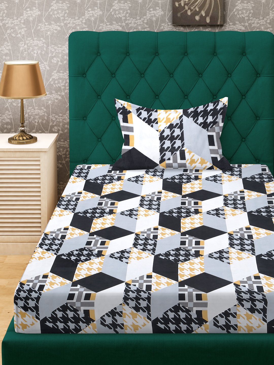 Multi Geometric 300 TC Cotton Blend Single Bedsheet with Pillow Cover